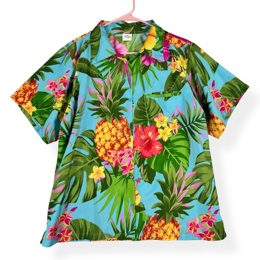King Kameha Mens Hawaiian Short Sleeve Shirt Size‎ L Large Turquoise Pineapple